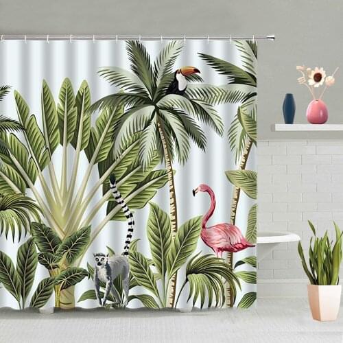 Bathroom Shower Curtain Tropical Plants Green Leaf Flamingo Decorative Partition Screen Waterproof Polyester Fabric With Hooks