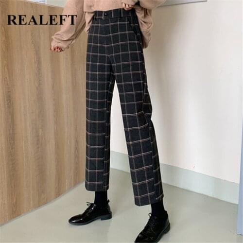 REALEFT 2021 New Winter Womens Woolen Pants Vintage Autumn High Waist Pockets Thicken Warm Ankle Length Casual Trousers Female