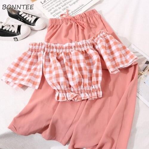 Women Sets Crop Tops Slash Plaid Off Shoulder Sexy Loose High Waist Wide Leg Pants Plus Size Two Piece Casual Summer Ulzzang New