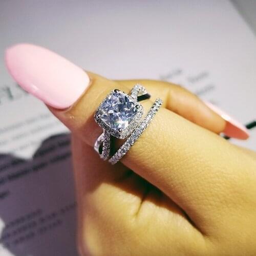 Moonso new Fashion cushion cut 925 sterling silver wedding ring set for women bride engagement Jewelry Bands eternity gift R4832