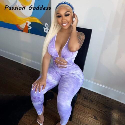 Purple Tie Dye Skinny Jumpsuits Sexy Women Deep V Rompers Overalls Streetwear Hollow Out Bandage Lace Up Wrap Jumpsuit Outfits