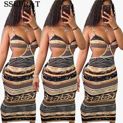 SSEURAT Women Dress Print Sheath Elastic Sleeveless Spaghetti Strap Hollow Out Ankle Length Dresses Sexy Night Club Party Dress