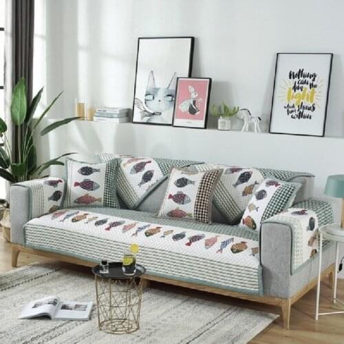 1 Piece Four Seasons Universal Cotton Printed Cartoon Sofa Cover Nordic Simple Lattice Fish Non-Slip Cushion Sofa Towel