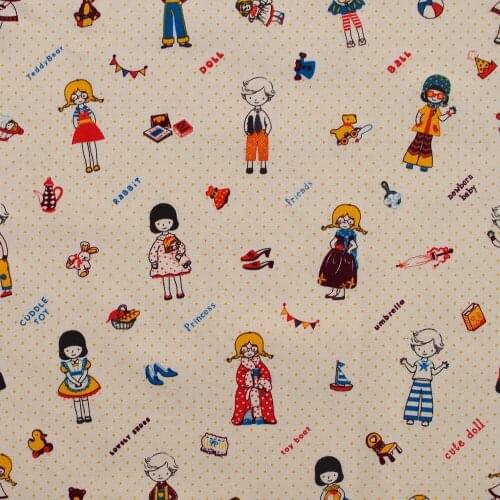1 yard Cotton Linen Fabric for sewing pathwork, bedding, handmaking - Lovely girl and boy (width=140cm)