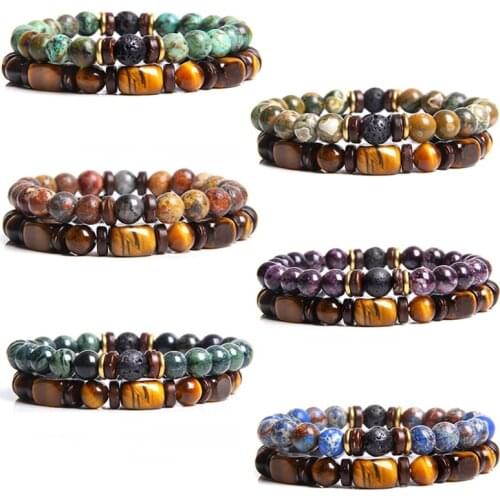 2pcs Women Men Natural Nugget healing mineral beaded bracelet unakite turquoises tiger eye gem stones beads bracelet jewelry diy
