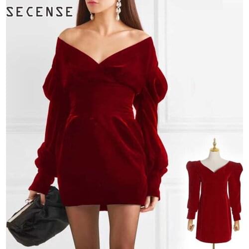 Velvet Elegant Women Dress Off Shoulder Black Autumn Fashion Mini Hepburn Dress High Quality Lady Female Clothing SECENSE