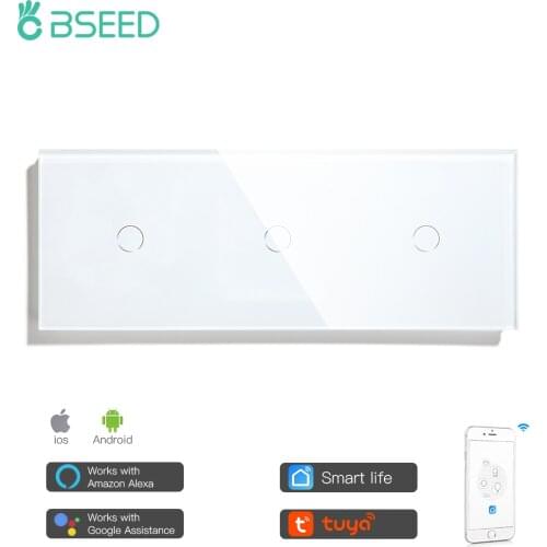 Bseed Brand Smart Wifi Touch Switch 3 Gang EU Standard Touch Sensor Switch Black White With Glass Panel 228mm Work With Tuya