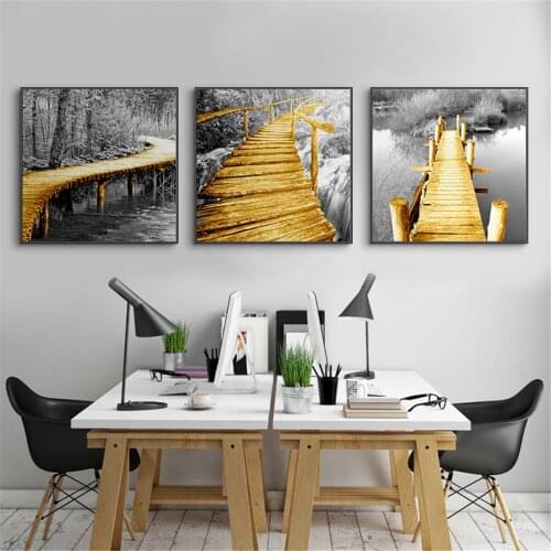 European Style Golden Wooden Bridge Picture Poster Canvas Print Painting Wall Art Living Room Home Decoration
