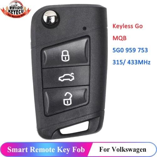 KEYECU MQB System Keyless-Go 315MHz OR 434Mhz ID48 Smart Remote Key 3 Button for Volkswagen Golf 7,Tiguan 2014-2018 5G0 959 753