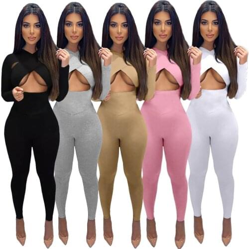 Sexy Cross Strap Solid Rompers Womens Jumpsuit Casual Hollow Out Long Sleeve Pants Sportswear Fitness Jumpsuit Overalls