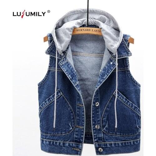 Lusumily Women Denim Vest With Hooded Plus Size Waistcoat Sleeveless Cowboy Outwear Coat Female Sleeveless Jean Jacket Girl Top