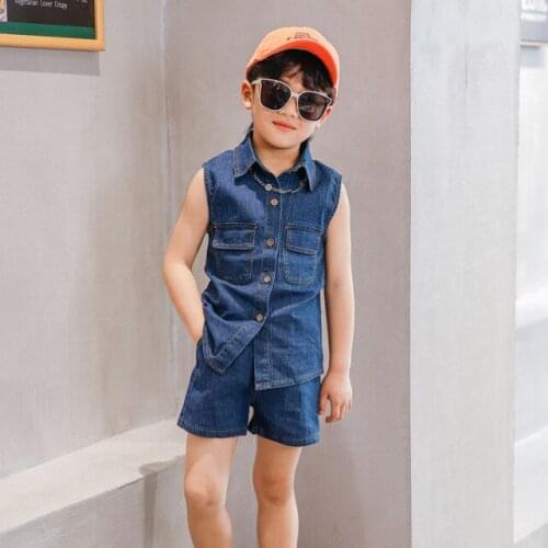 2021 New Boys Summer Jeans Denim Vest +Shorts Clothing Set Kids School Outdoor Suit Children Cool beach Tracksuit