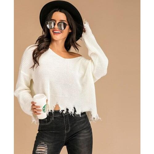 Solid White Broken Women Sweater 2021 Winter Lady V Neck Short-length Tassel Goth Long-sleeve Sweaters Hipster Street Pullover