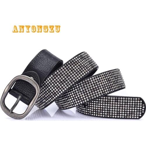 ANYONGZU Original New Style Rivet Decoration Women Belt Versatile Fashion Cool European And American Wide Belt Black Alloy Head
