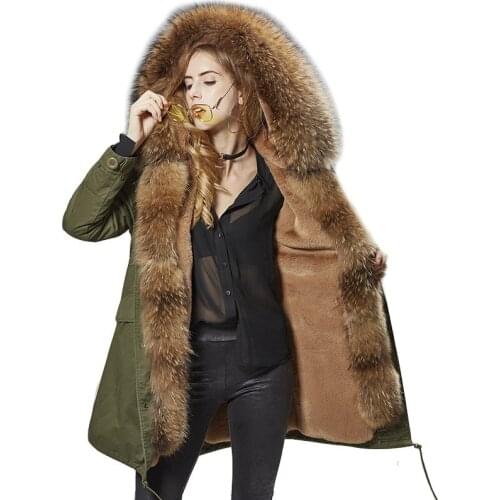 Real Fur Coat Women Long Parka 2021 Natural Raccoon Fur Collar Luxury Parka Winter Plus Size Detachable