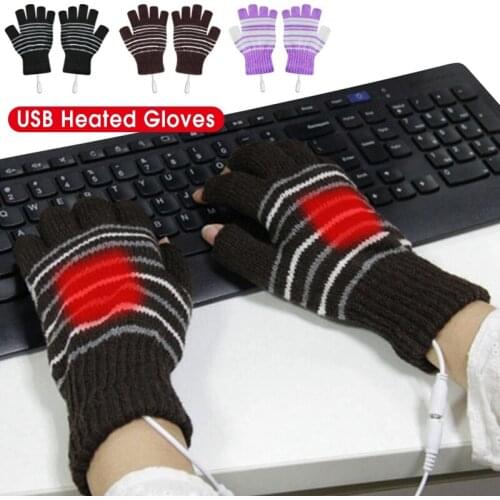 Heated Gloves Warm Winter Fingerless Electric Heating Knitting Full Half Finger Gloves Striped Safe USB 5V Chargeable Washable