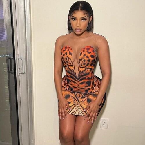 Sexy Sleeveless Tiger Printing Lace O-Neck Mini Dress Summer Women Fashion Party Club Outfits Robe Kpytomoa 8270948