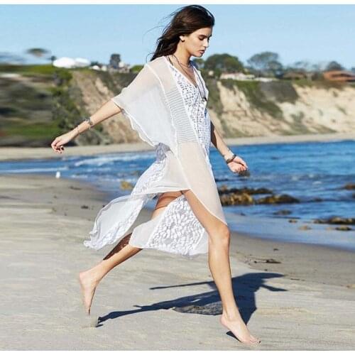 Sexy See-Through Patchwork Lace Leaf Embroidery Side Split Chiffon Dress Sunscreen Hollow Swimsuit Cover up stroje kapielowe