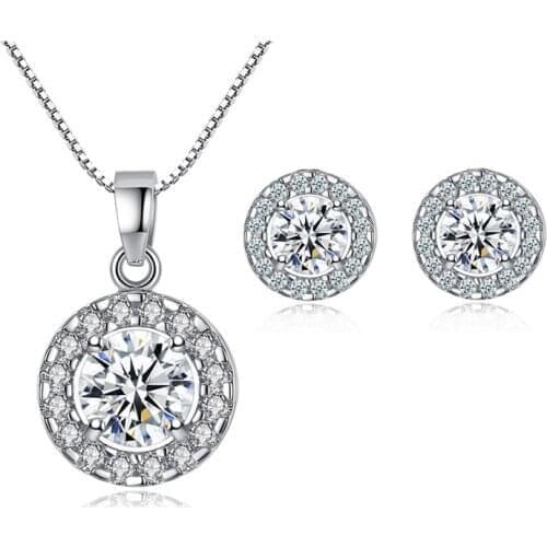 R Shape Setting Cubic Zirconia Necklace Earrings Sets Silver Color Party Jewelry Sets For Women And Girls