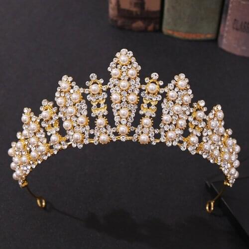 Luxury Imitation Pearl Tiaras And Crowns Crystal Princess Pageant Headband Wedding Hair Accessories Evening Dress Bridal Jewelry