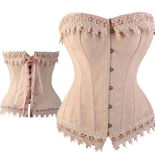 Sexy Lace Up Boned Burlesque Corset Tops cream Lace Trim Corset Busiter Basque Lingerie Underwear Plus Size S-6XL