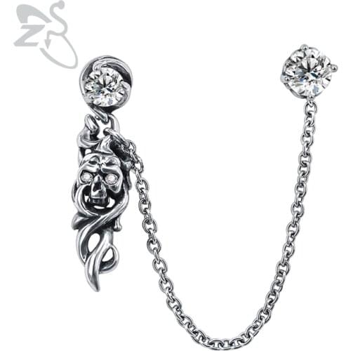 ZS Long Chain Stud Earrings Skull Rock Roll Jewelry 316L Srainless Steel Earring for Men Cubic Zirconia Jewelry Hip Hop Earings