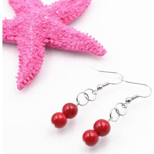 Ethnic Style Earring for Women 8mm Red Artificial Coral Drop Long Dangle Earrings Fashion Wedding Party Jewelry Eardrop A661