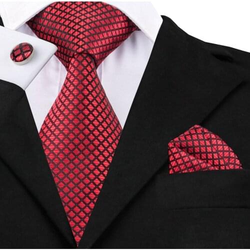 SN-1607 Hi-Tie New Arriving Red Plaid Silk Tie Set for Mens Wedding Business Party Quality Jacquard Woven Tie Hanky Cufflinks