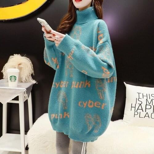 High Neck Sweater Womens 2021 Autumn Winter New Loose Korean Versatile Lazy Fashion Medium Long Knitted Letter Spliced Pullover