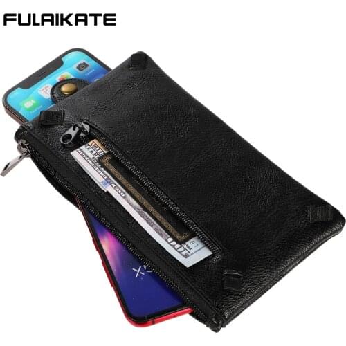 FULAIKATE 7.2" Litchi Pattern Universal Phone Bag for iPhone 12 Pro Max Mobile Cellphone Pouch Zip Card Pocket Shoulder Holster