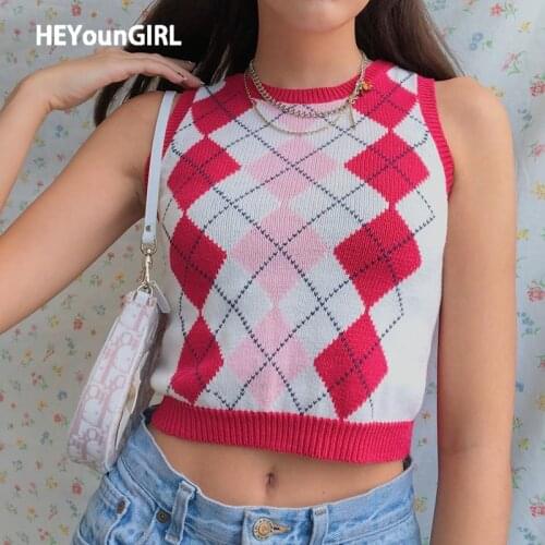 HEYounGIRL Argyle Vintage Sleeveless Sweater Vest Sweat Cute Casual Plaid Knitted Crop Top Tee Y2K Fashion Knitwear Jumpers 2021