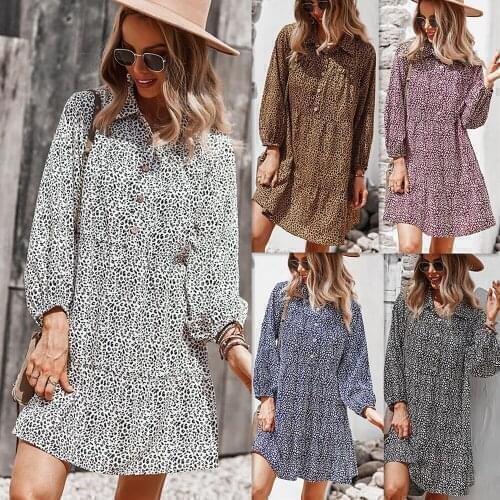 VITIANA Women Autumn Long Sleeve Casual Mini Dress Leopard Buttons Pullover Loose Dresses Femme Brown Vestidos Fashion Africa