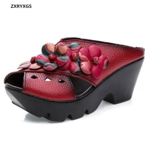 2021 Summer Classic Flowers Fashion Sandals Cow Leather Shoes Women Slippers Sandals Hollow Platform Shoes Woman Wedges Sandals