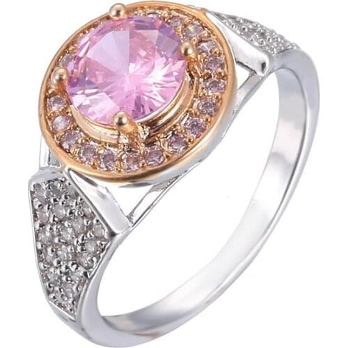 Women Rings Four Prong Pink Zircon Two Color Silver Plated Rings Fashion Glamour Banquet Engagement Rings Gift For Girlfriend