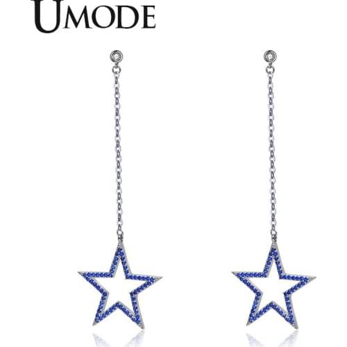 UMODE New Blue Round Zircon Pentagram Stars Drop Earrings for Women White Gold CZ Crystal Jewelry Long Drop Chains AUE0563