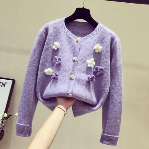 Women O-Neck 3D Flowers Crocheted Sweater Coat Cardigan Spring Fall Thick Long Sleeve Single-breasted Tops Mujer Sueter Outwear