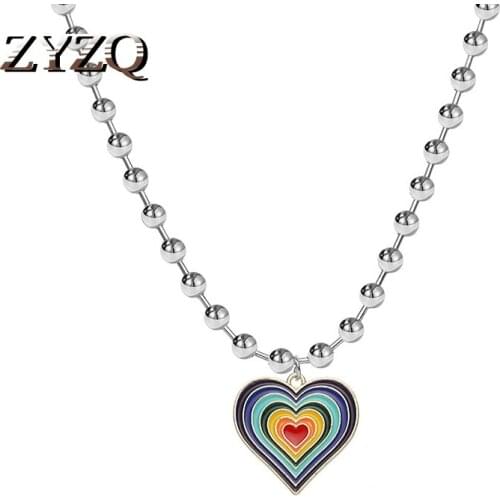 ZYZQ Rainbow Love Heart Necklace for Women Dripping oil Short Round Bead Chain Choker Fashion Cocktail Party Accessories