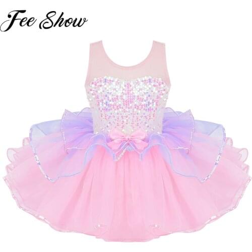Kids Girls Shiny Sequins Bowknot Mesh Splice Dancewear Ballet Gymnastics Leotard Tutu Ballet Dress Performance Competition Dress