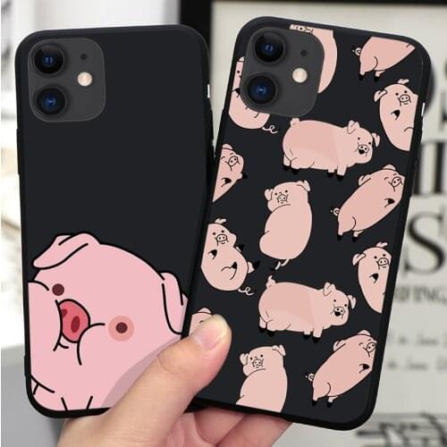 Cute Cartoon pig Black Silicone Phone Case For IPhone 12 Mini 11 Pro Max XR XS XSMax X 5 5S SE 2020 6 7 8 Plus TPU Cover