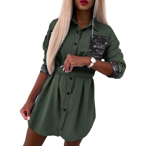Women Elegant Solid Color Sequin Party Dress 2020 Autumn Turn-Down Collar Long Sleeve Shirt Dresses Ladies Mini Dress Vestidos