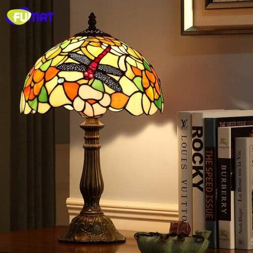 FUMAT European Style Pastroal Dragonfly Creative Living Room Bedside Warm White Lightings Vintage Tiffany Dimmer LED Table Lamps