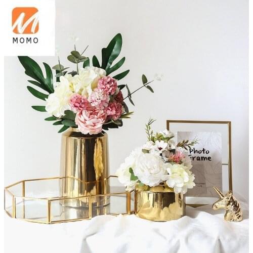 High-End Luxury European Style Vase Flower Brass Gold Ceramic Furnishings Ornaments Electroplating Ornaments