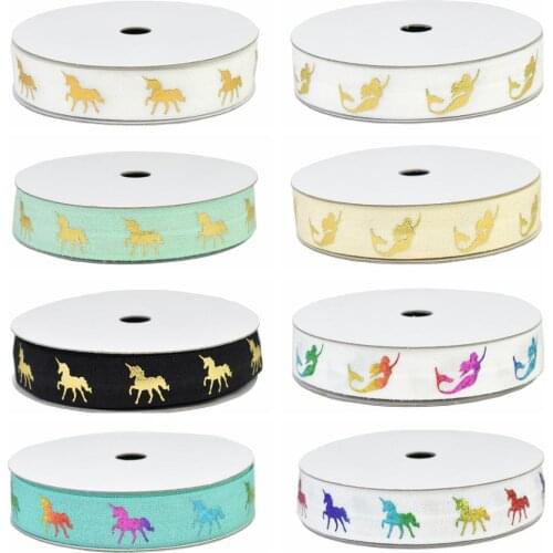HSDRibbon 5/8 inch foil Unicorn and mermaid printed on fold over elastic for hair ties 5Yards Per Roll