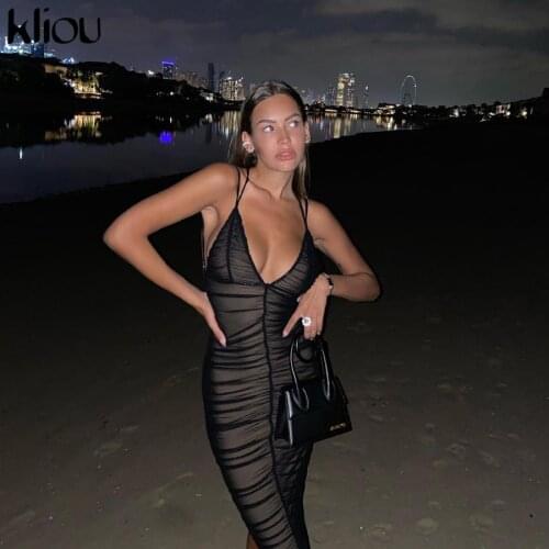Kliou Ruched Maxi Dress Women 2021 Summer Sexy V-Neck Mesh Camisole Skirt Vestidos Bodycon Beach Style Hot Party Clubwear Y2K