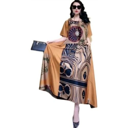 Summer Print Mulberry Silk Long Dress 2021 Casual Loose 5XL Plus Size Dress High-End Elegant National Style Long Skirt FC1258