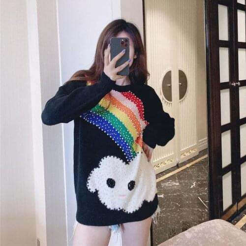 High Quality 2020 Winter Fashion Women Pullover Black Rainbow Cute Luxury Designer Hot Diamond Christmas Sweater Jumper Vestidos