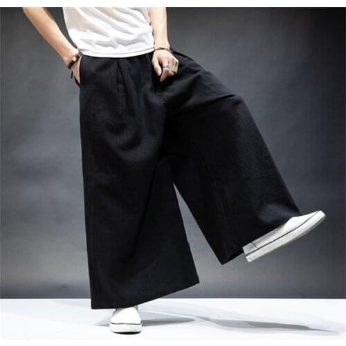 Men Wide Leg Long Pants 2020 Summer Streetwear Cotton Linen Pants Autumn Elastic Waist Loose Soild Trousers Plus Size M-7XL