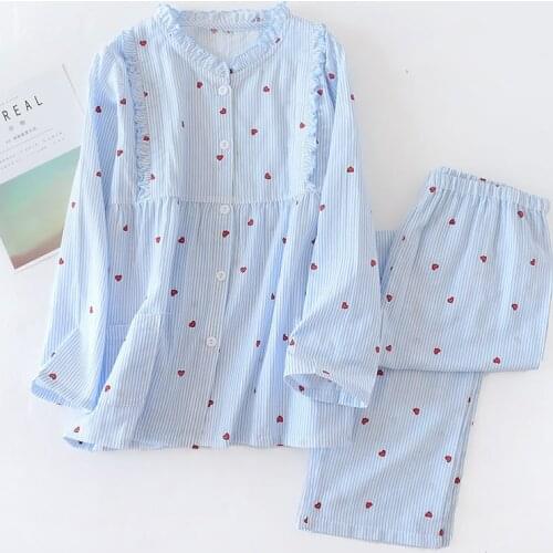 Gauze Vertical Stripes Maternity Wear Long Sleeve Pajamas Set Round Neck Lactation Clothing Breastfeeding Suit