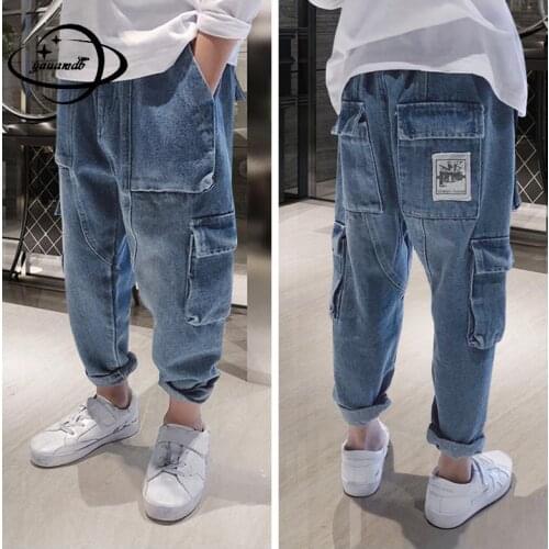 4-15y Kids Jeans Spring Autumn Boys Trousers Clothing Loose Solid Color Pocket Haren Long Pants Wool Warm Childrens Clothes H44