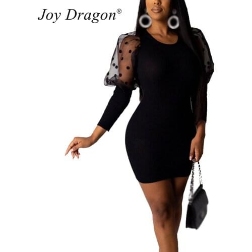 Women Party Dress New Fashion Spring Round Neck Solid Mini Mesh Stitching Long Sleeve Polka Dot Casual Pullover Pack Hip Dresses